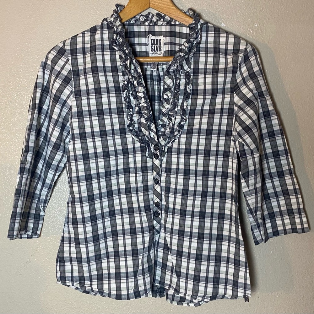 Quiksilver Women's Black and White Plaid y2k twilight Top Large